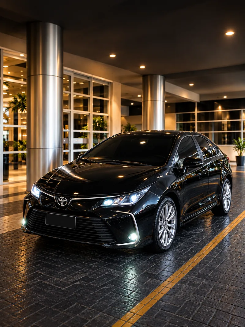 Faria's black executive sedan with its headlights on, at the lit entrance of an office building