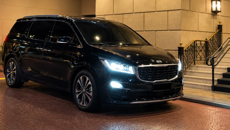Black minivan with its headlights on in front of a lit hotel entrance at night